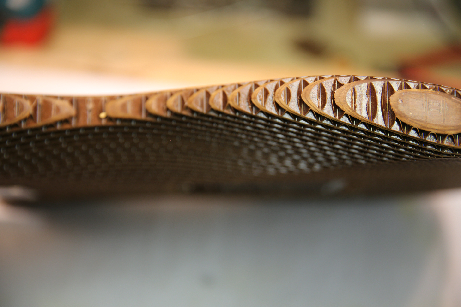 Detail of the corrugated edge construction on the Stratocaster body